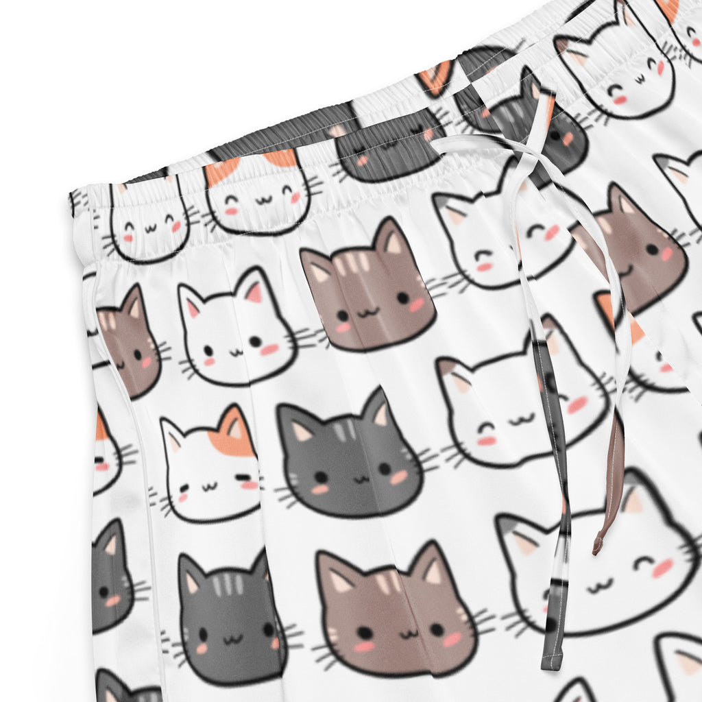 White women’s silky pajama shorts with playful gray brown and orange cartoon cats lightweight relaxed fit with drawstring waist