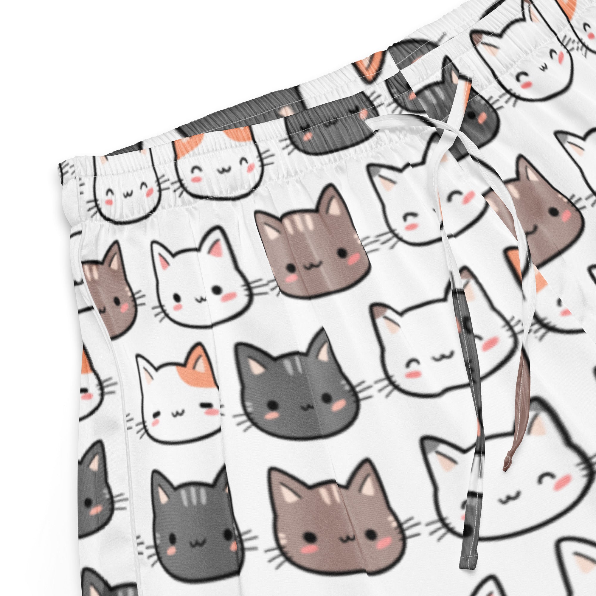 White women’s silky pajama shorts with playful gray brown and orange cartoon cats lightweight relaxed fit with drawstring waist