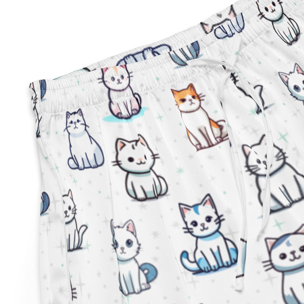 Women’s white silky pajama pants with a playful multicolor cartoon cat pattern and a lightweight relaxed fit with drawstring waist