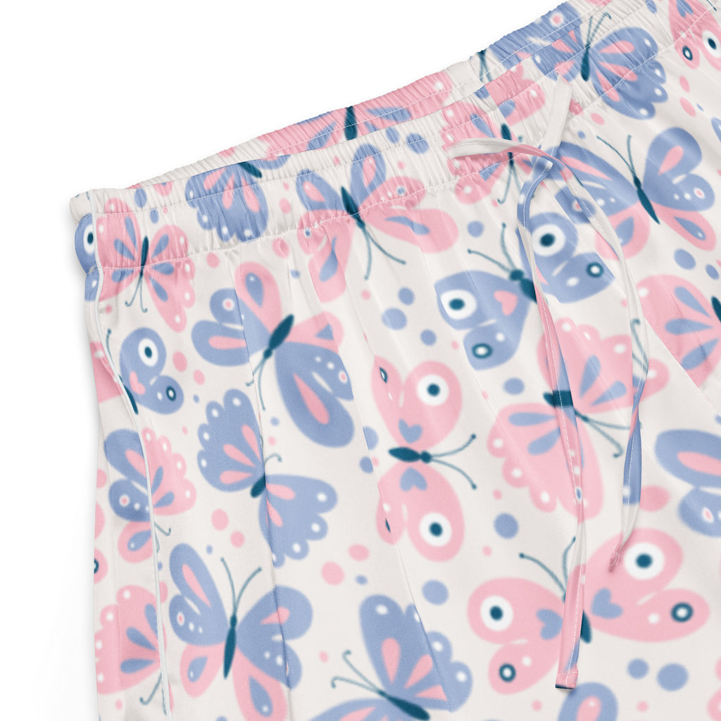 Women’s butterfly silky pajama shorts in pink and blue with elastic waistband and drawstring for lightweight comfort
