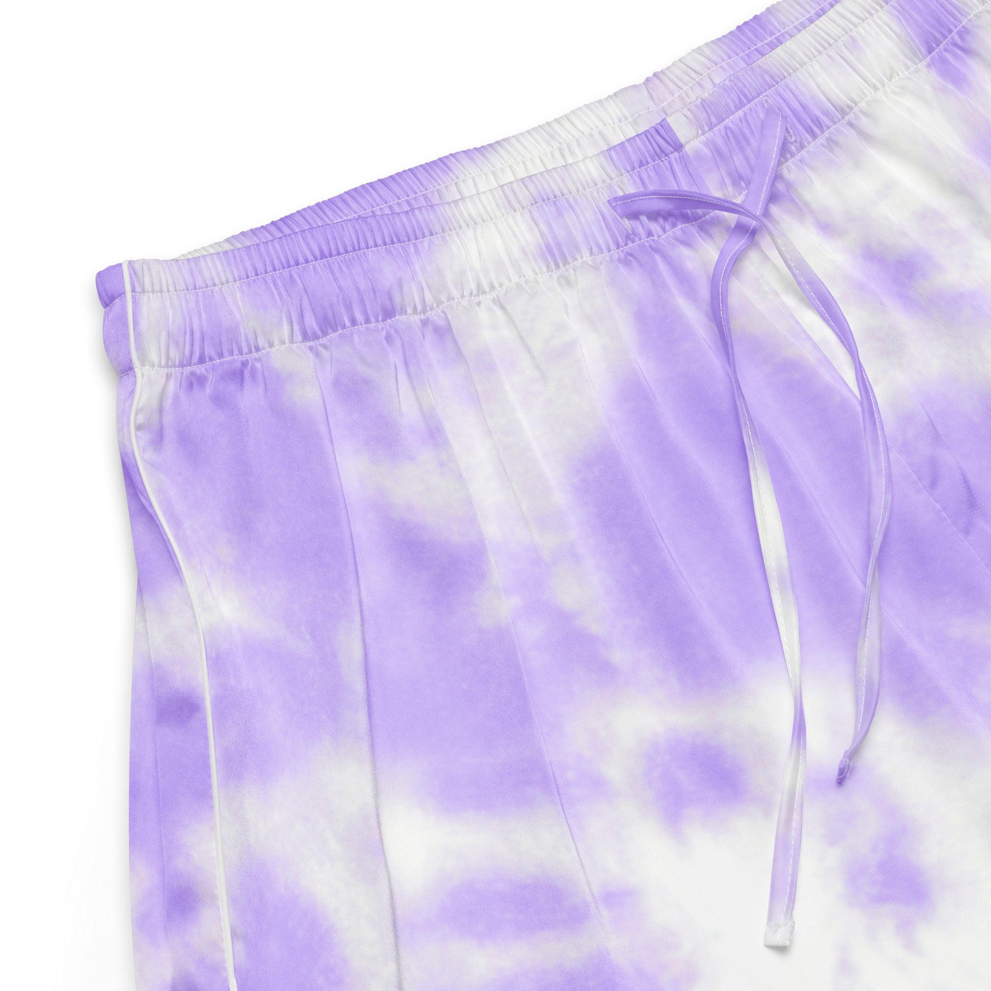 Women’s purple and white tie dye silky pajama shorts with elastic waistband and matching drawstring for lightweight comfort