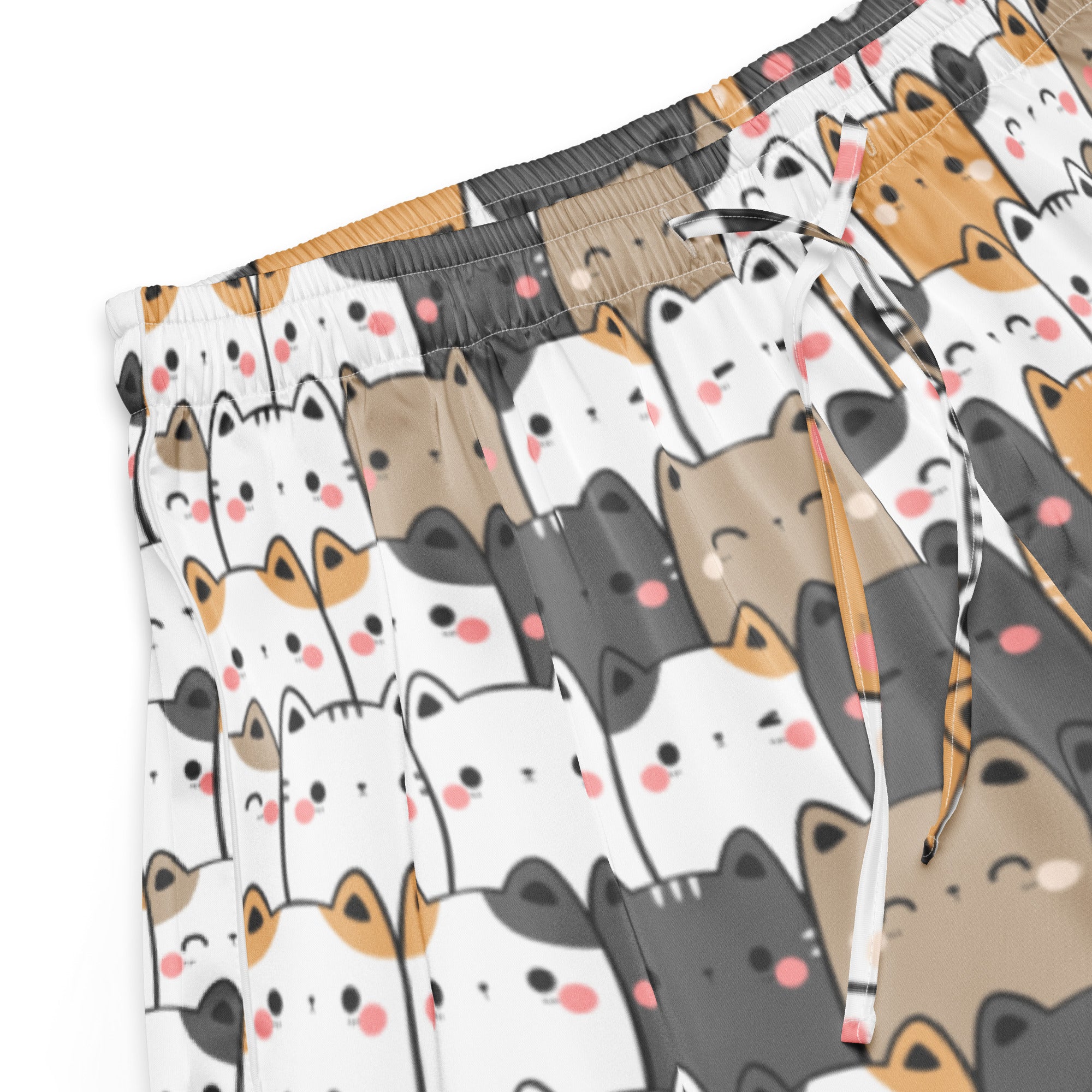 Women’s kawaii cat silky cotton pajama shorts with playful white gray and orange cartoon cats and drawstring waist