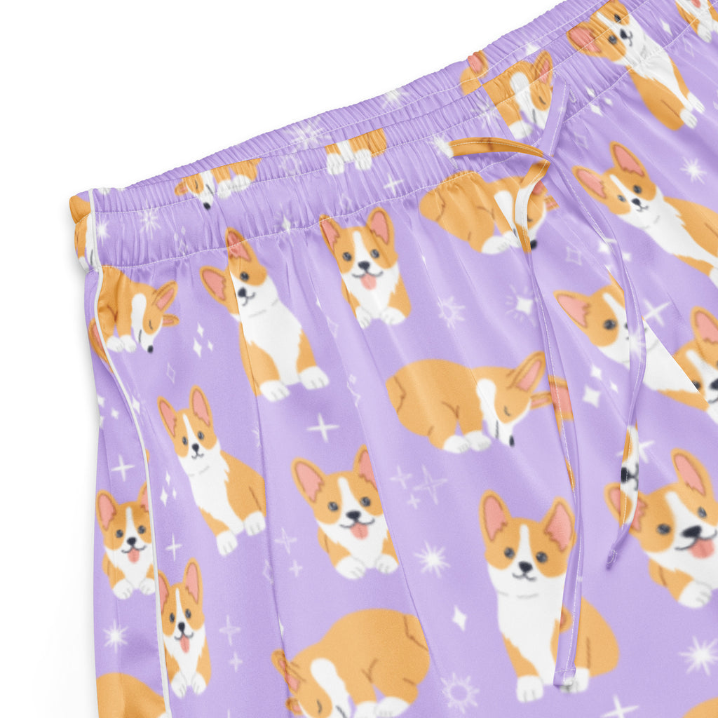 Women’s purple silky pajama shorts with orange and white corgi pattern and sparkling star accents lightweight relaxed fit
