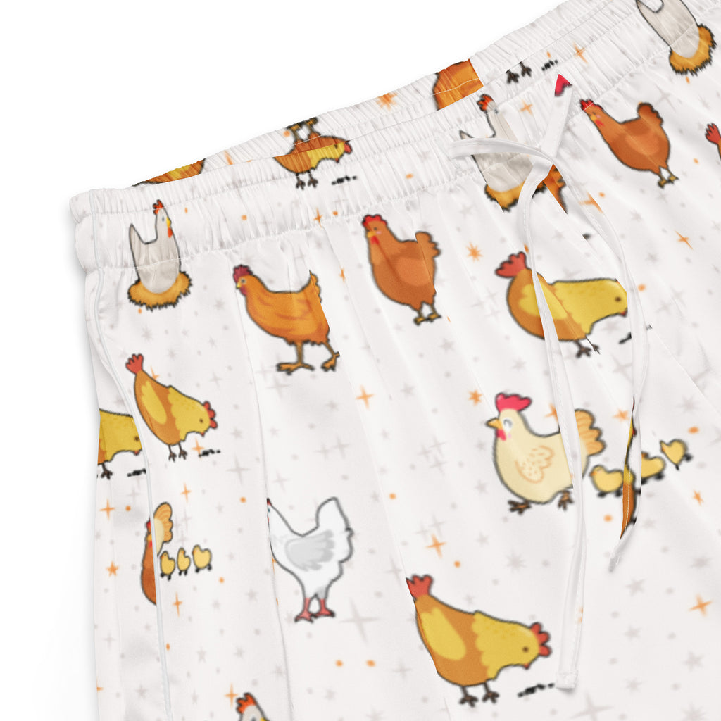 Women’s white silky pajama shorts with cartoon chicken pattern in orange yellow and gray and drawstring waist