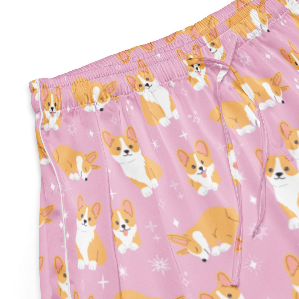 Women’s Pink Corgi Dog Silky Pajama Shorts – Lightweight Relaxed Fit with Drawstring Waist