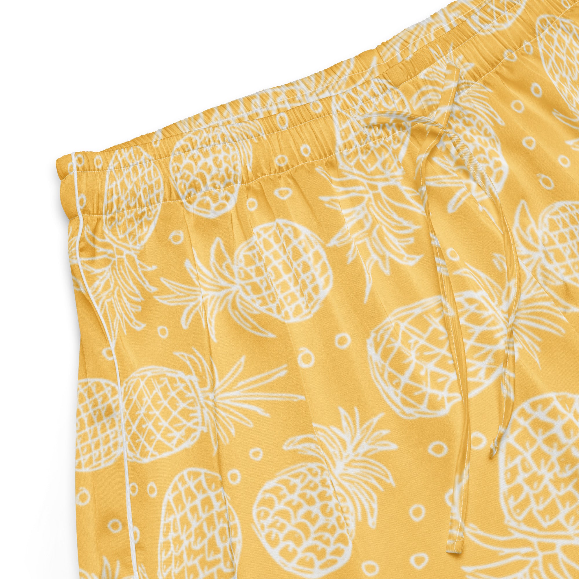 Women’s yellow silky pajama shorts with white pineapple and bubble pattern lightweight relaxed fit with drawstring waist