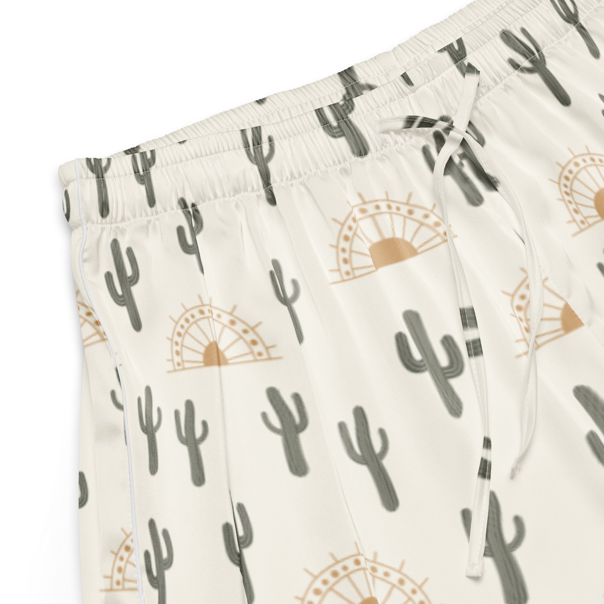 Women’s cream-colored silky pajama shorts with gray cactus and tan sunset pattern lightweight relaxed fit with drawstring waist
