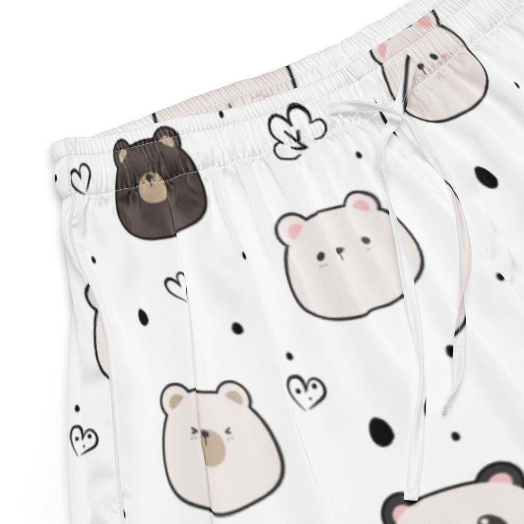 White silky women’s pajama pants with playful brown bear pattern black hearts and dots lightweight relaxed fit