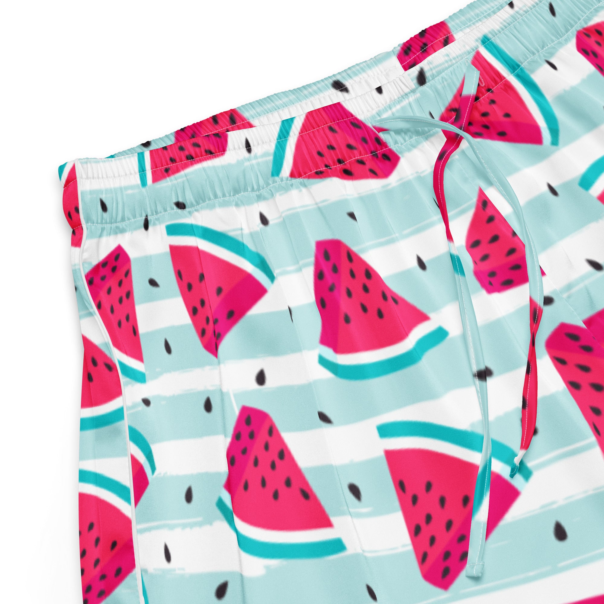 Women’s silky pajama shorts with watermelon print on light blue and white stripes featuring a drawstring waist