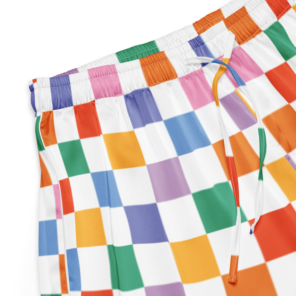 Women’s colorful checkerboard silky pajama shorts in rainbow with white elastic waistband and drawstring closure