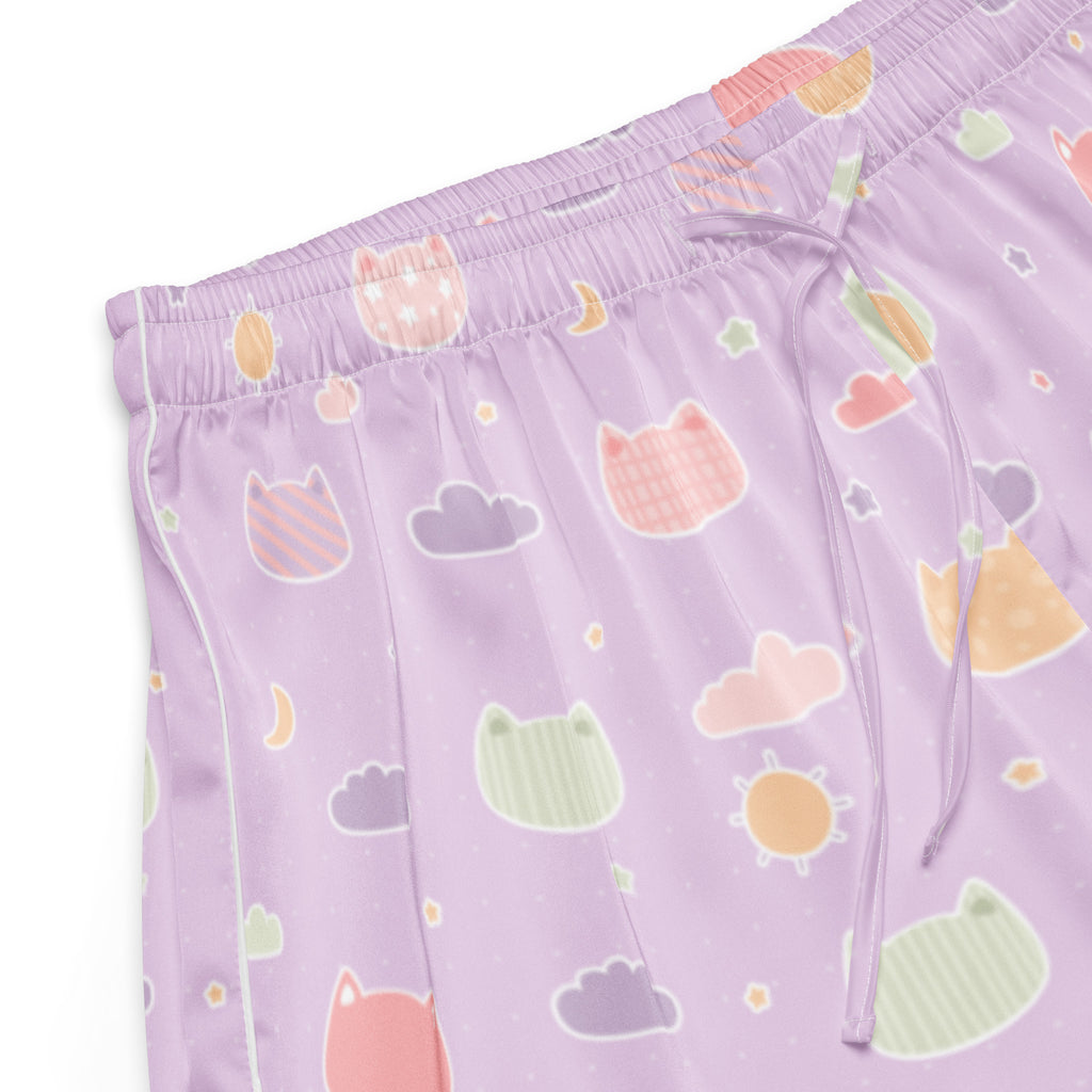 Lavender silky pajama shorts with pastel kawaii cats clouds and celestial pattern lightweight relaxed fit with drawstring waist