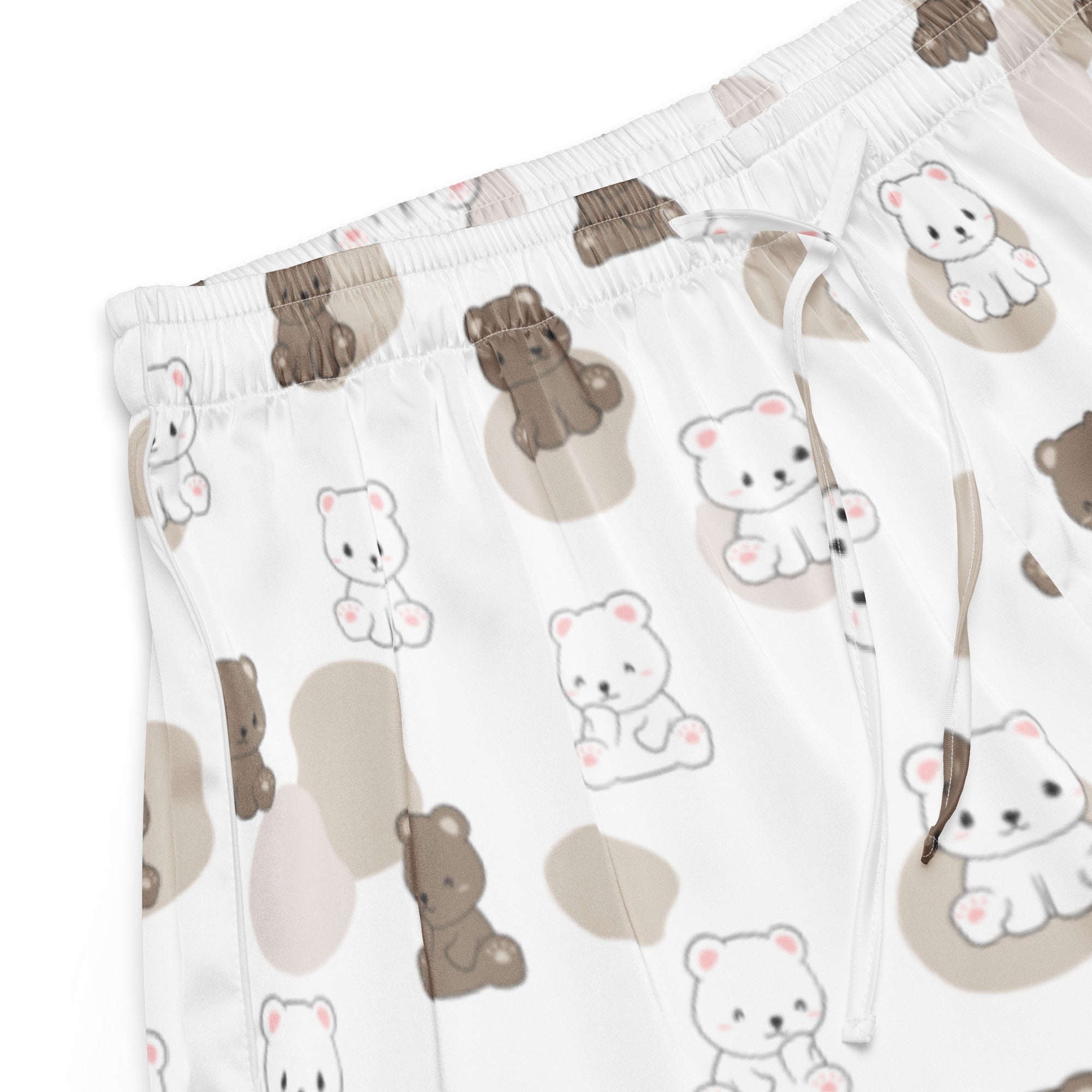 Women’s white silky pajama shorts with playful brown and white teddy bear pattern on beige circular backgrounds