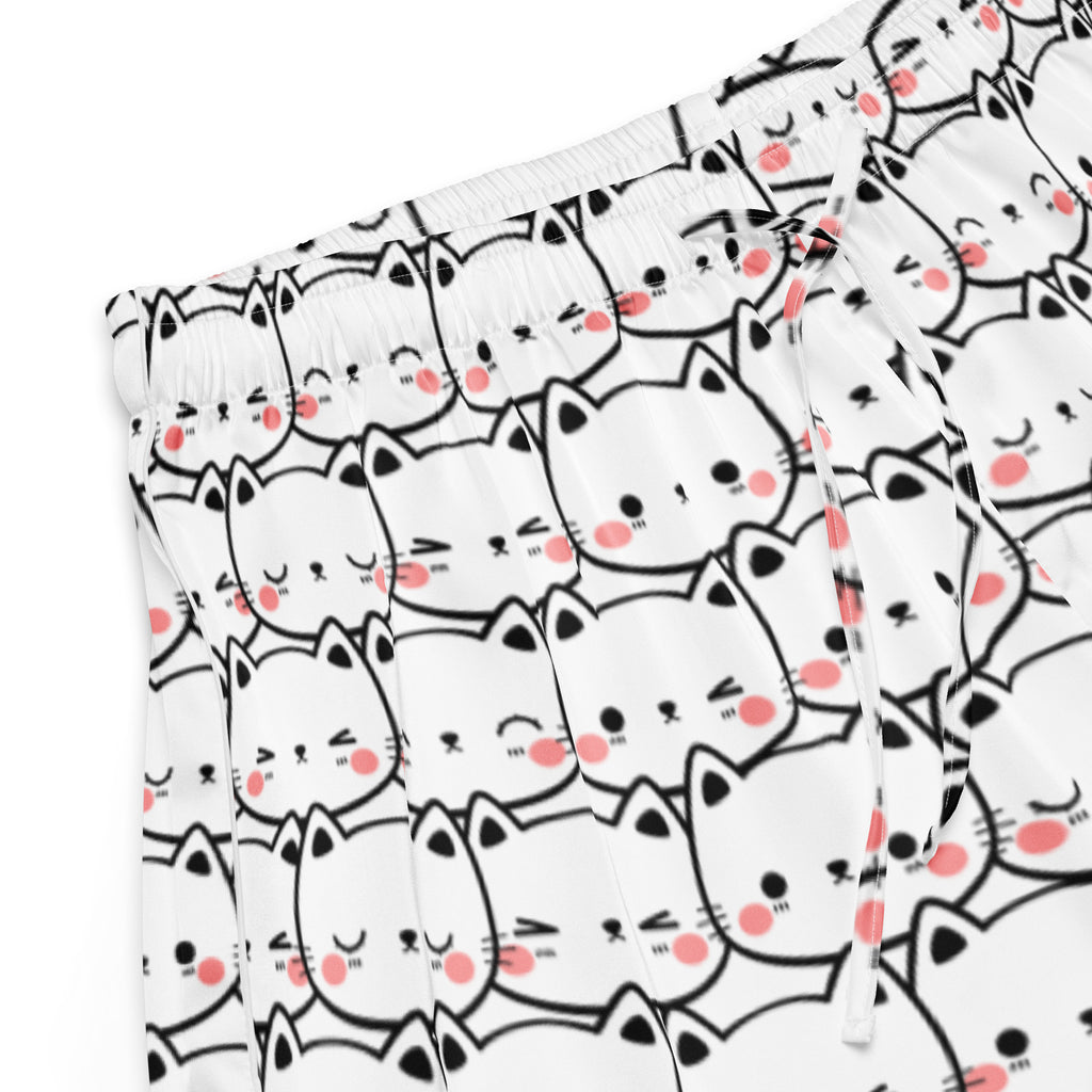 Women’s white silky pajama shorts with black outlined cartoon cats and pink blush cheeks lightweight relaxed fit