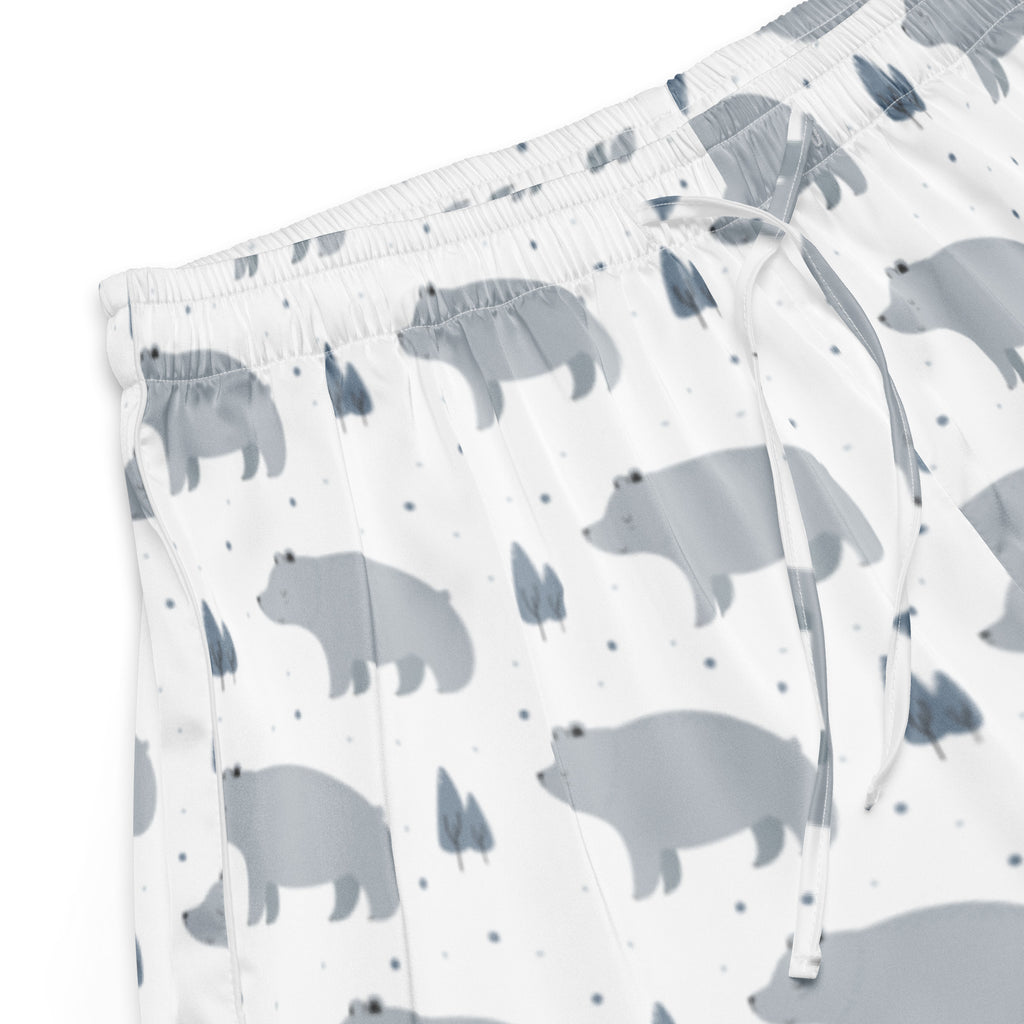 White pajama pants with gray bear and tree pattern made of soft lightweight fabric for relaxed comfort