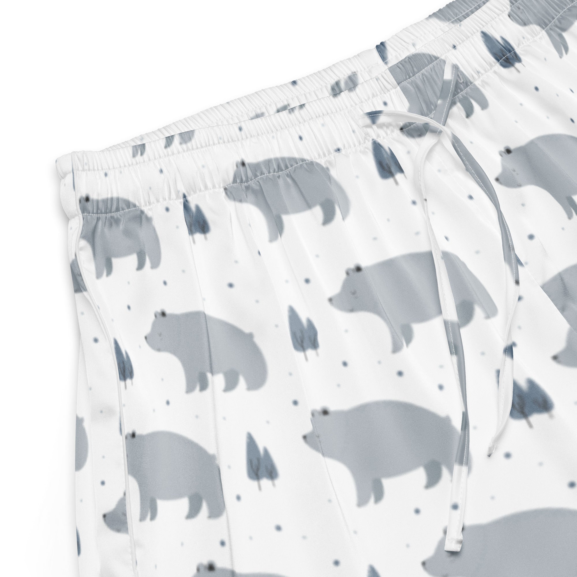 White pajama pants with gray bear and tree pattern made of soft lightweight fabric for relaxed comfort