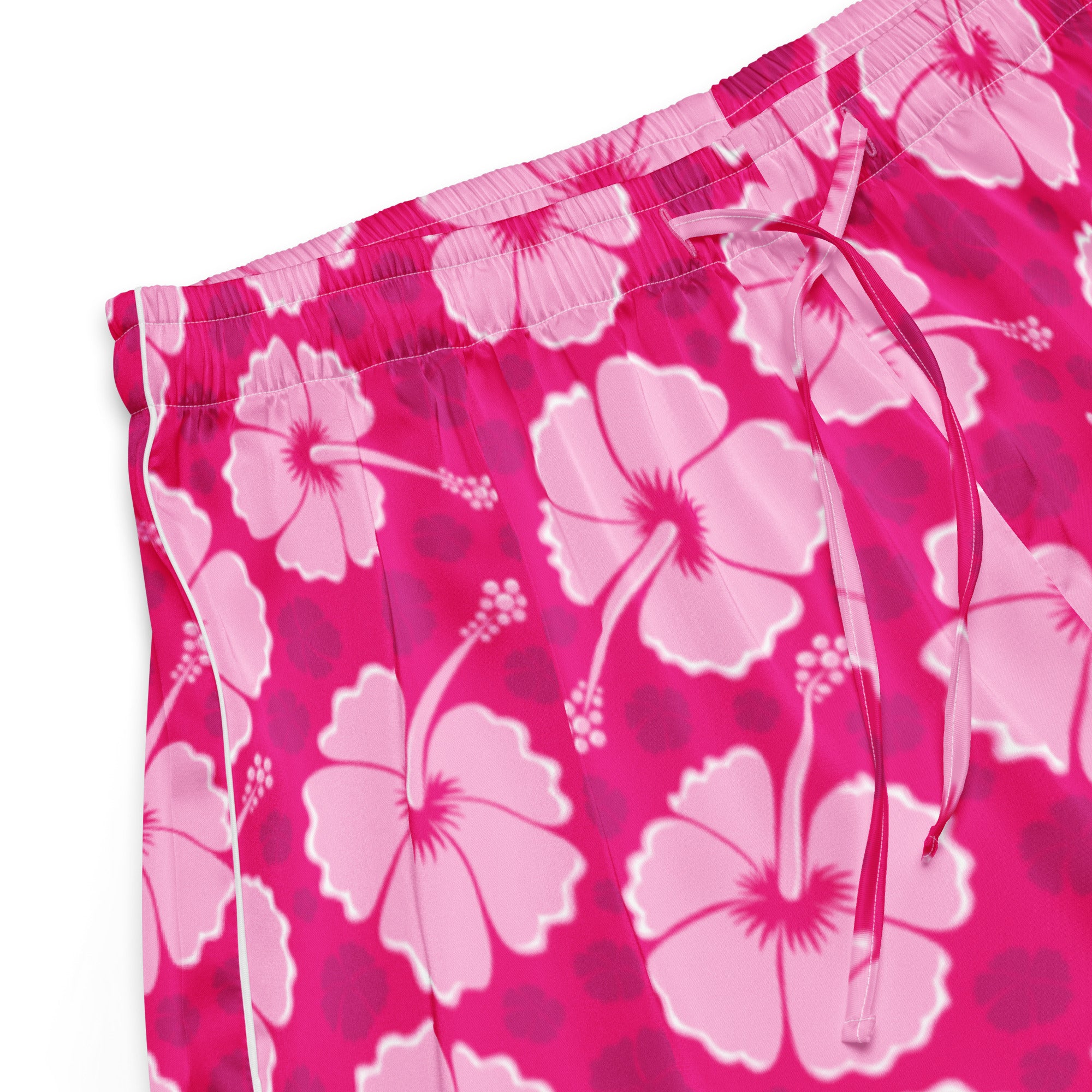 Women’s pink hibiscus silky pajama shorts with bold white flower pattern dark pink polka dots and drawstring waist