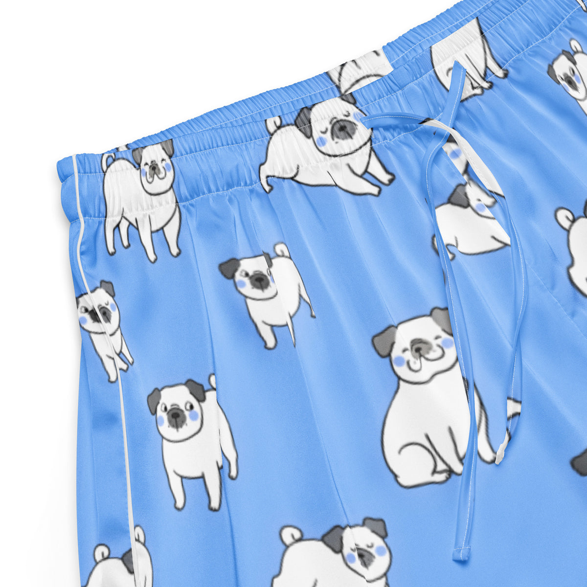 Women’s light blue silky pajama shorts with playful cartoon pug pattern lightweight relaxed fit with drawstring waist