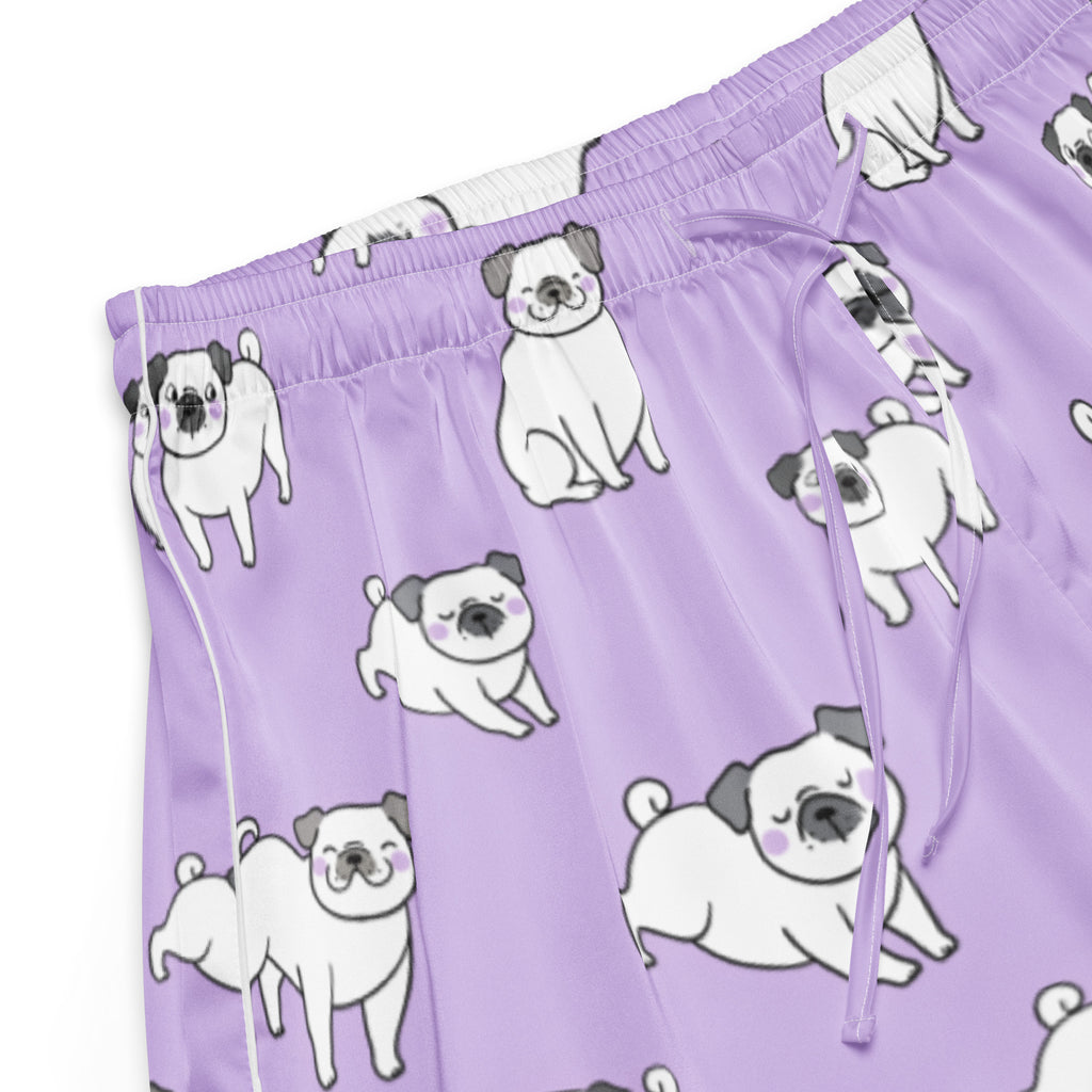 Women’s purple silky pajama shorts with white cartoon pugs black ears and noses lightweight relaxed fit drawstring waist