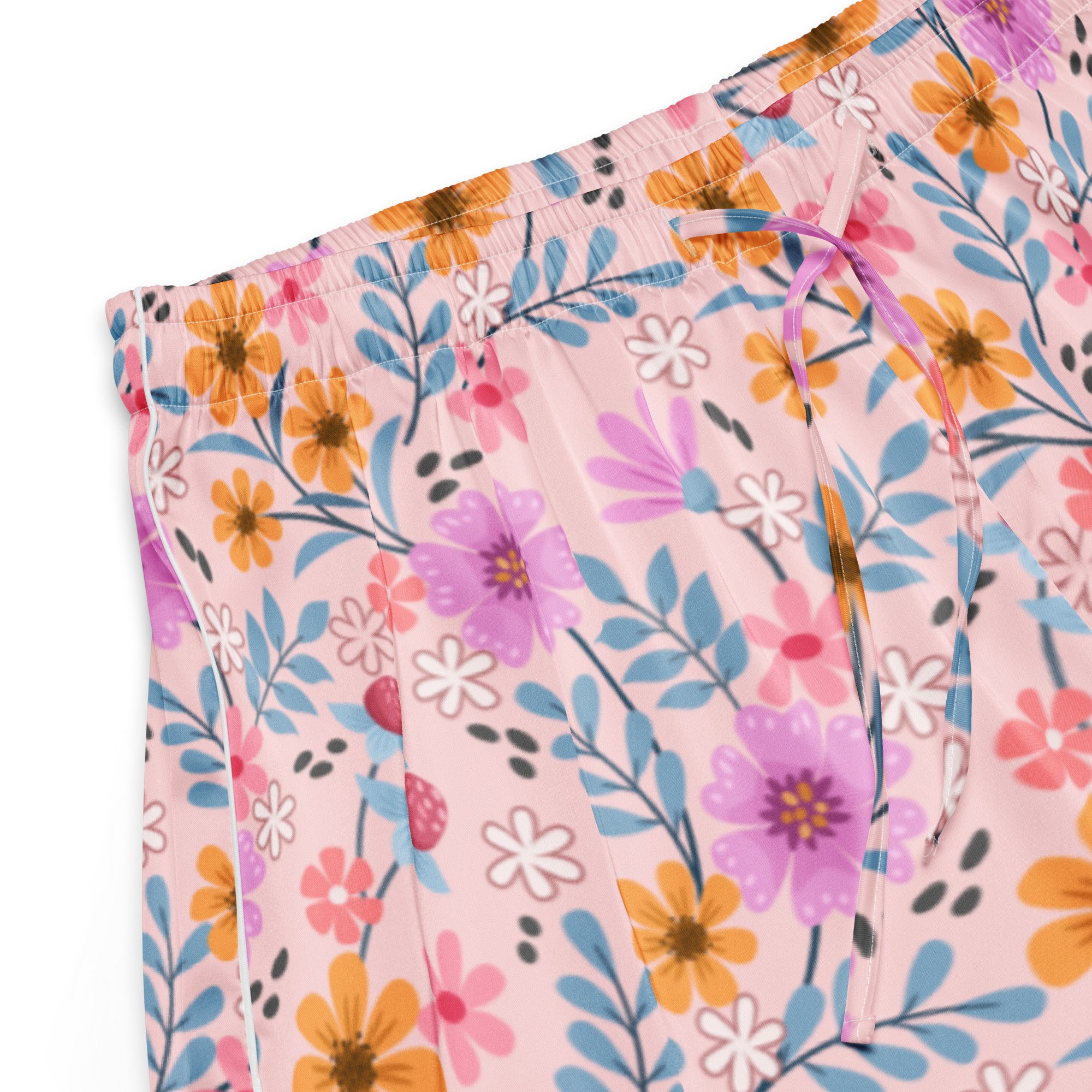Women’s pink floral silky pajama shorts with lightweight relaxed fit and drawstring waistband