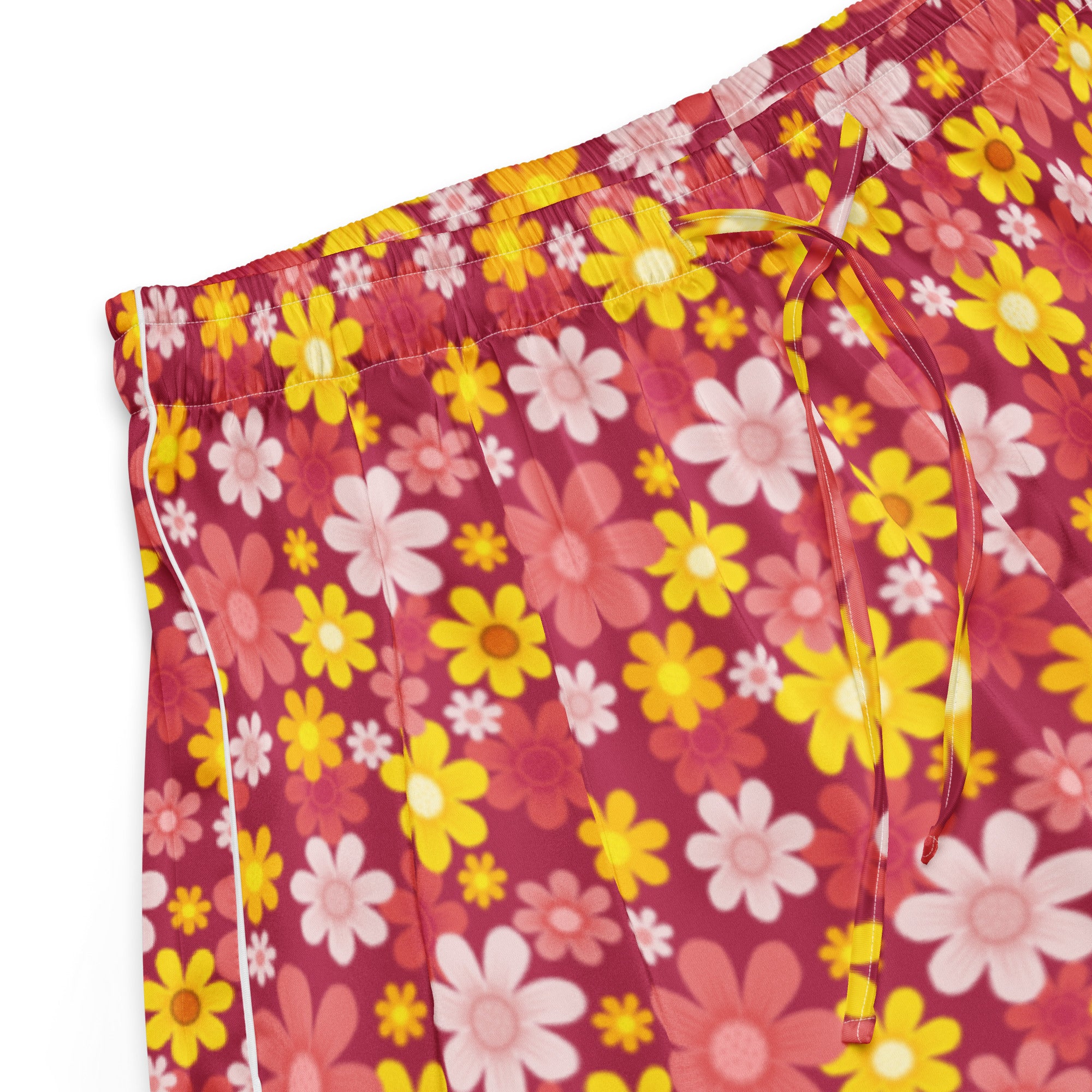Women’s lightweight red silky pajama shorts with vibrant pink and yellow floral pattern and drawstring waistband