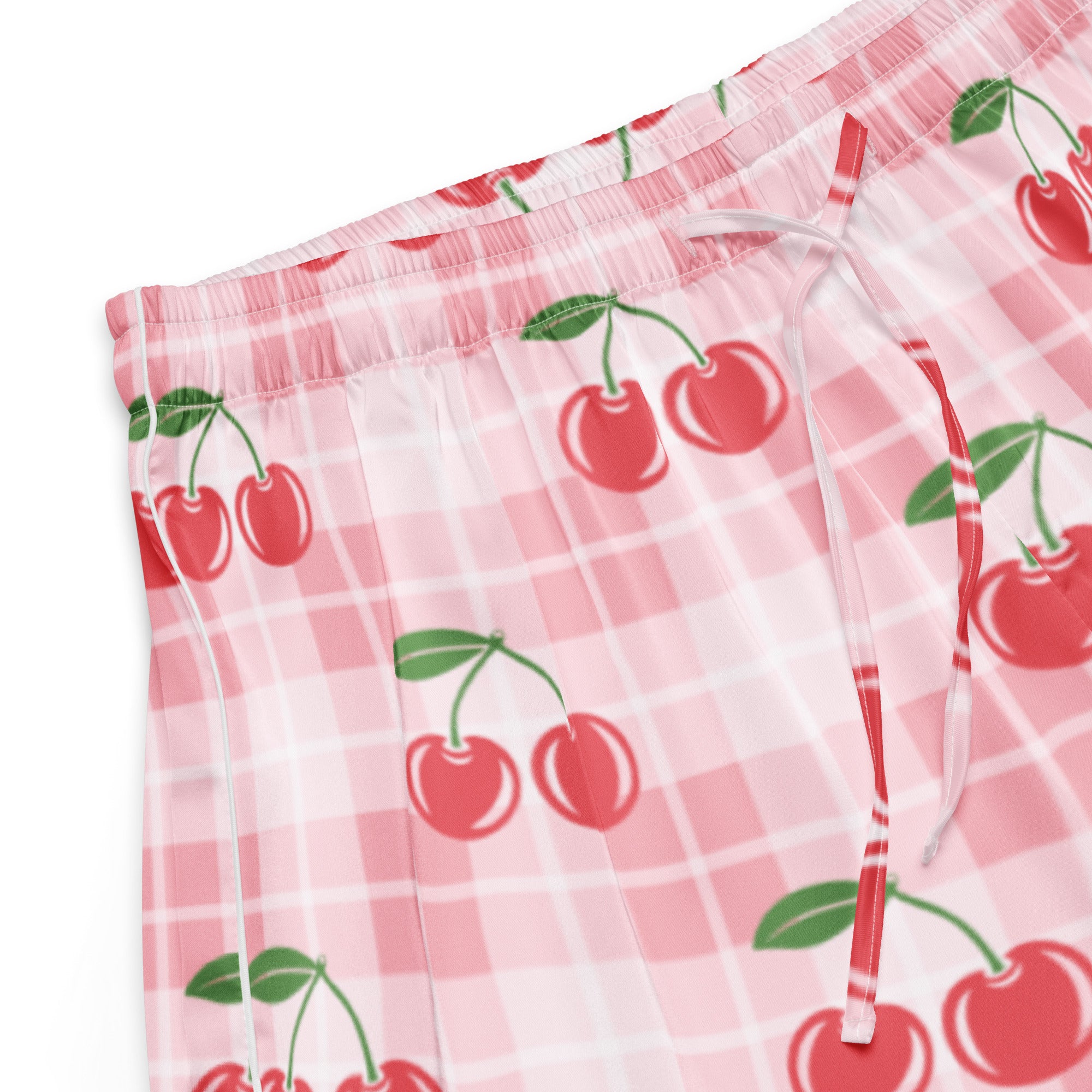 Women’s pink gingham silky pajama shorts with red cherry print lightweight relaxed fit and drawstring waist