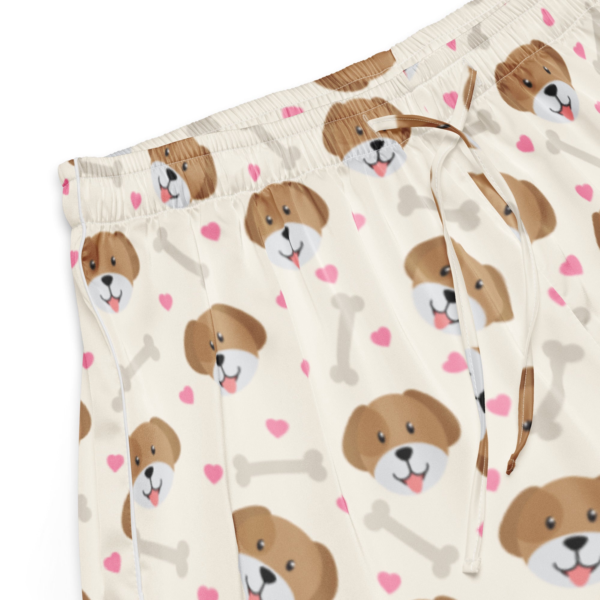 Women’s cream-colored silky pajama shorts with playful brown puppy faces pink hearts and gray bones in lightweight fit