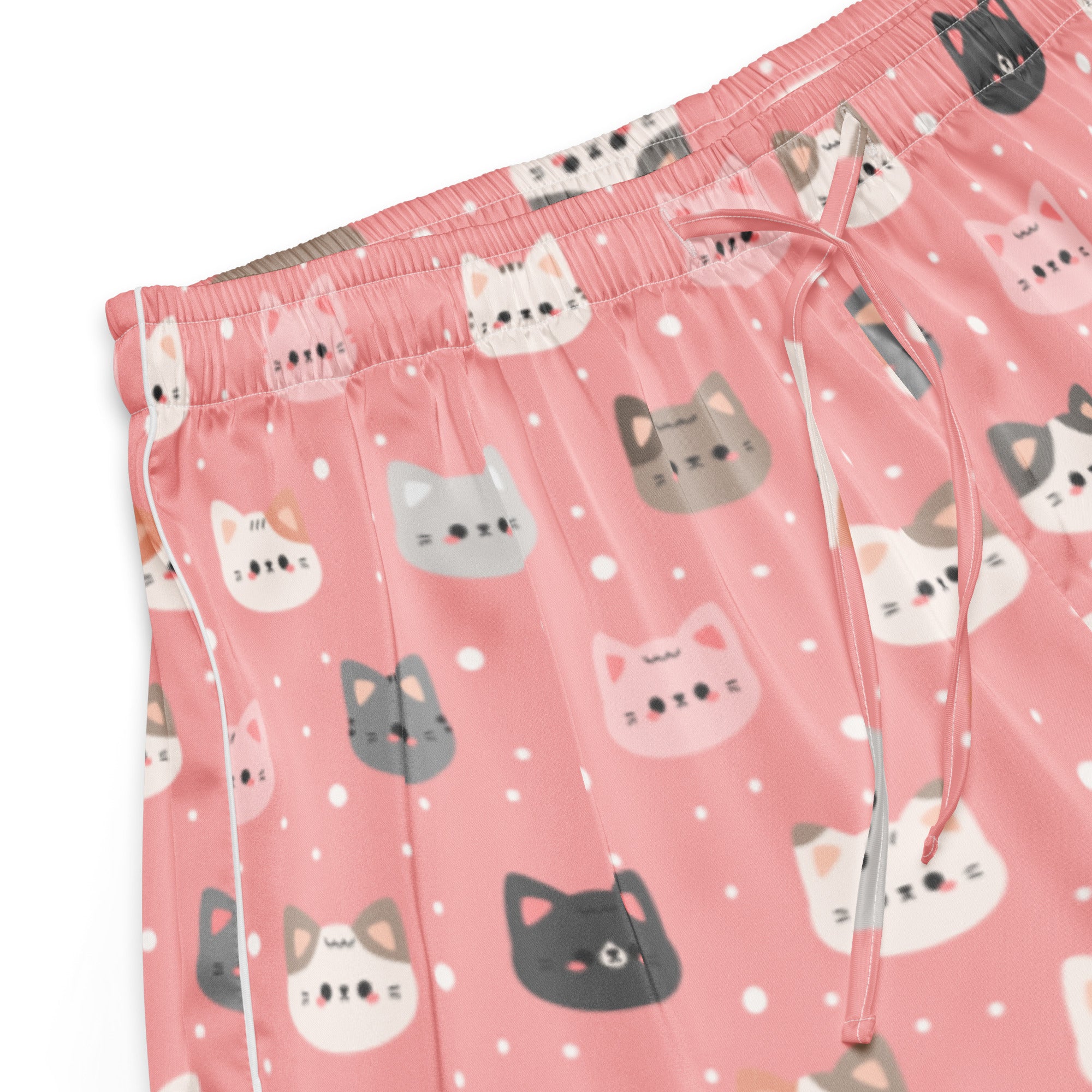 Women’s cute pink cat faces silky pajama shorts with playful cartoon cat pattern and drawstring waist for lightweight comfort