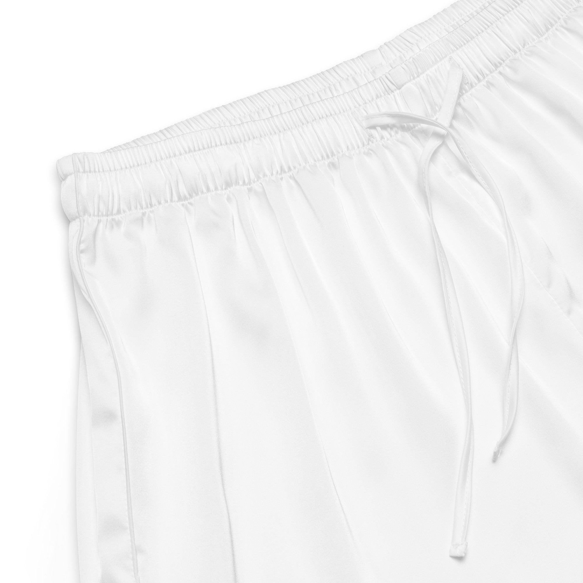 Women’s white silky satin pajama shorts with elastic waistband and matching drawstring for lightweight relaxed fit