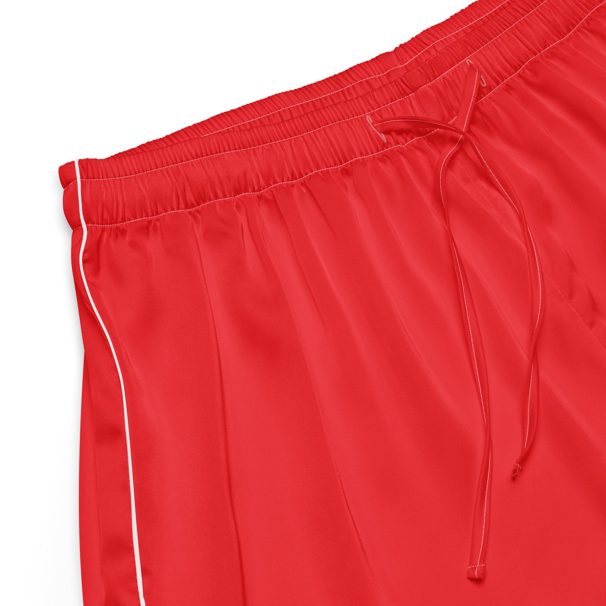 Women’s red silky pajama shorts with white side stripes lightweight relaxed fit and drawstring waistband