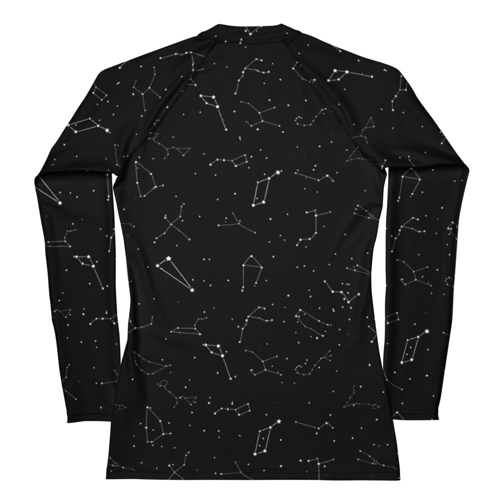 Black womens long sleeve rash guard with white constellation pattern buttery soft fabric and UPF 50 plus protection