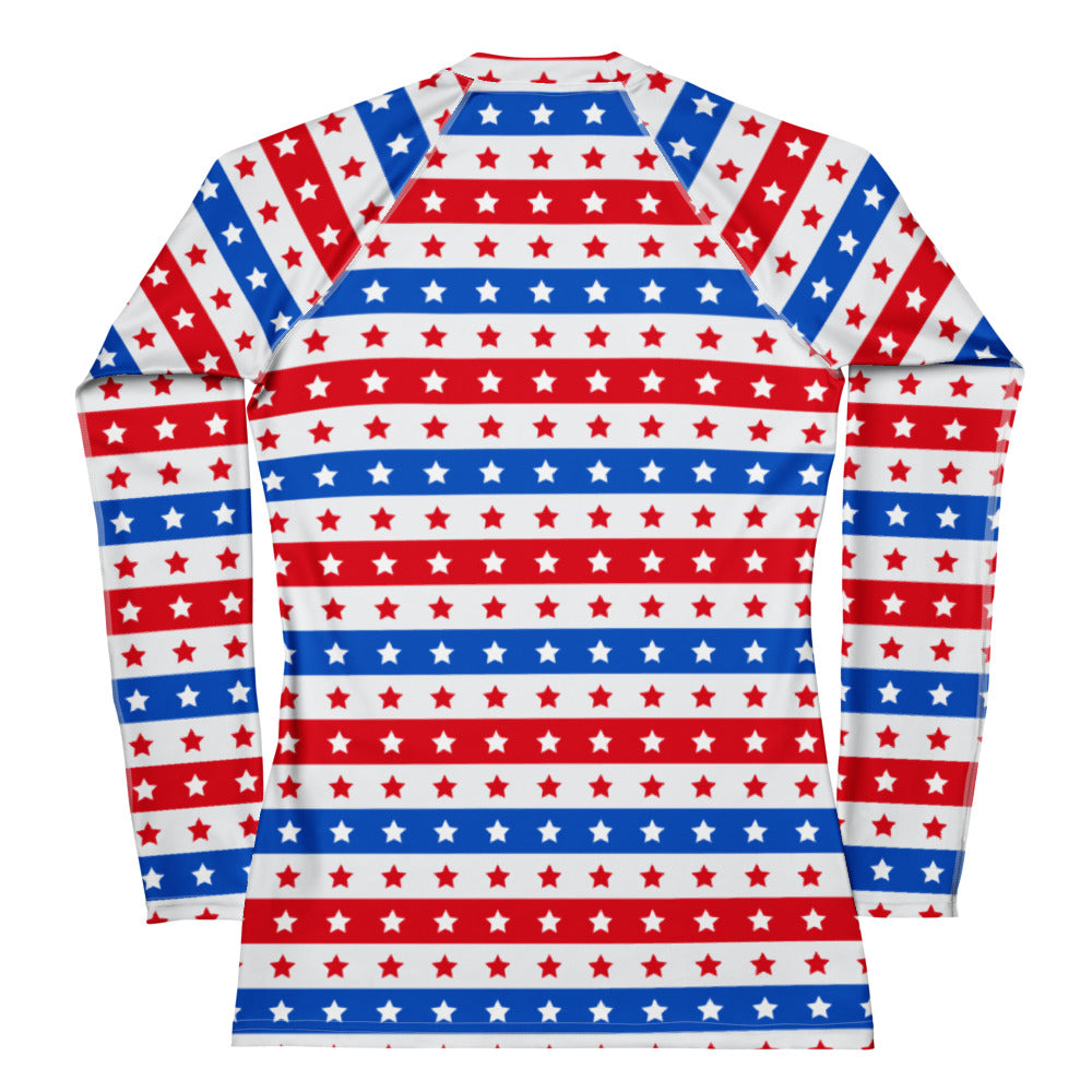 Women’s buttery soft long sleeve rash guard swim shirt in red white and blue star and stripe pattern with upf 50+