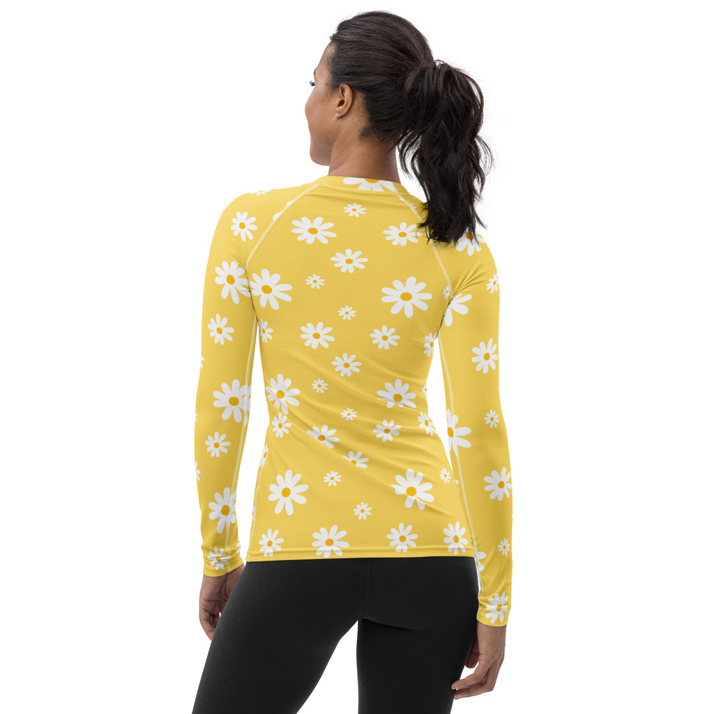 Women's Yellow Daisy Buttery Soft Long Sleeve Rash Guard Swim Shirt With UPF 50+