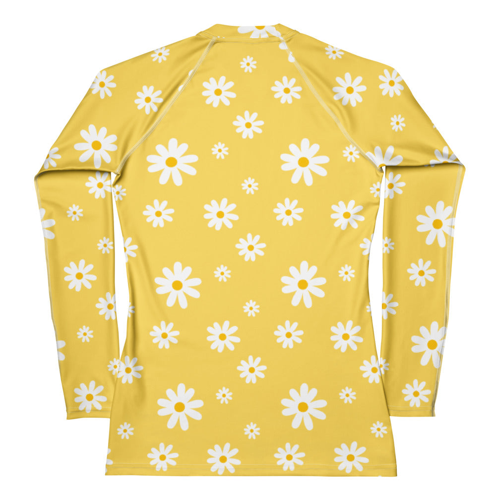 Women's Yellow Daisy Buttery Soft Long Sleeve Rash Guard Swim Shirt With UPF 50+