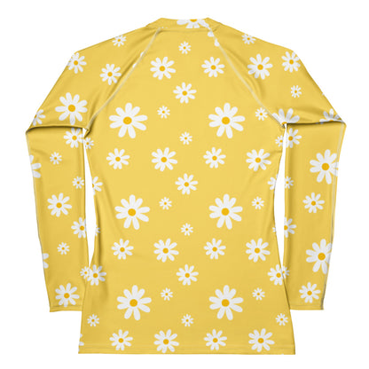 Women's Yellow Daisy Buttery Soft Long Sleeve Rash Guard Swim Shirt With UPF 50+