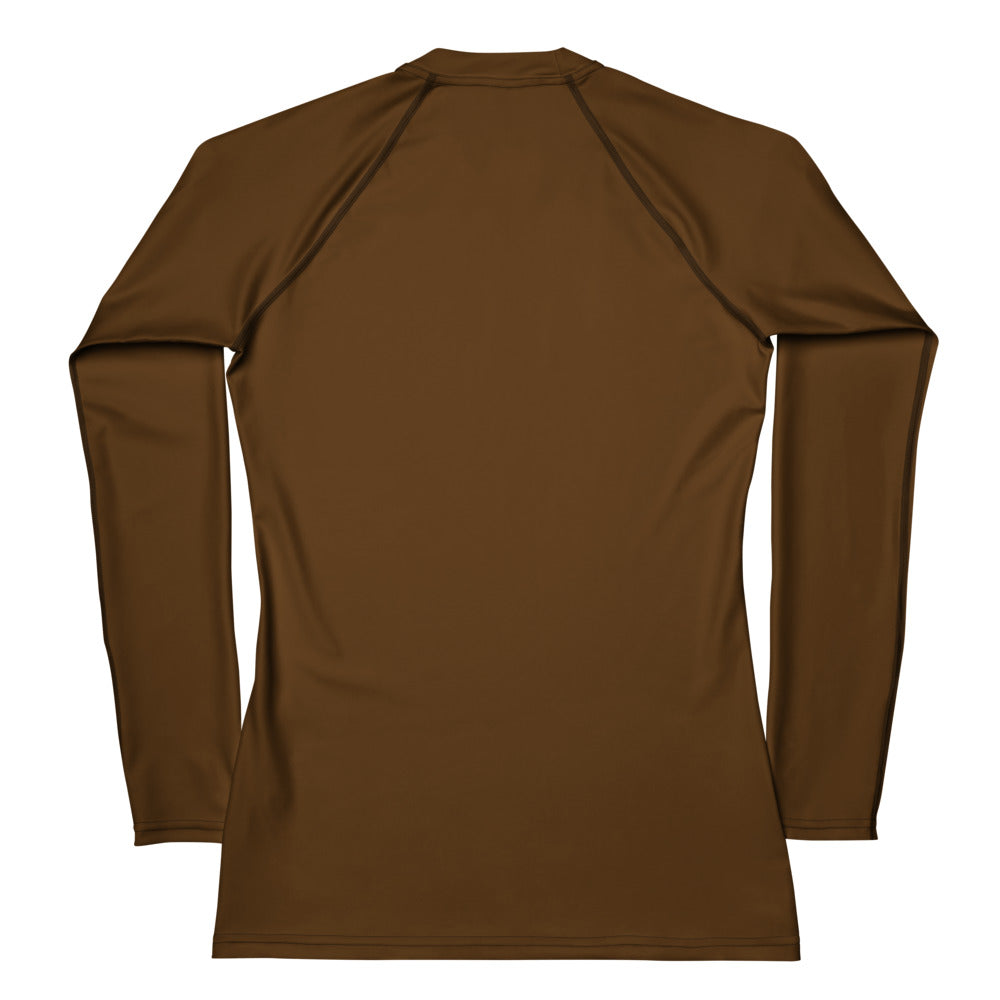 Women’s brown buttery soft long sleeve rash guard swim shirt with upf 50 plus and seamless fitted design