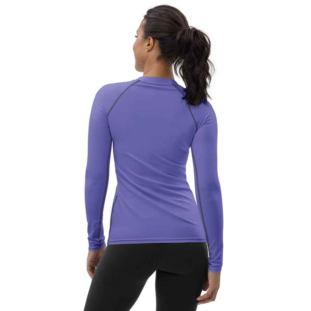 Women’s purple buttery soft long sleeve rash guard swim shirt with dark gray seam detailing and upf 50+ protection