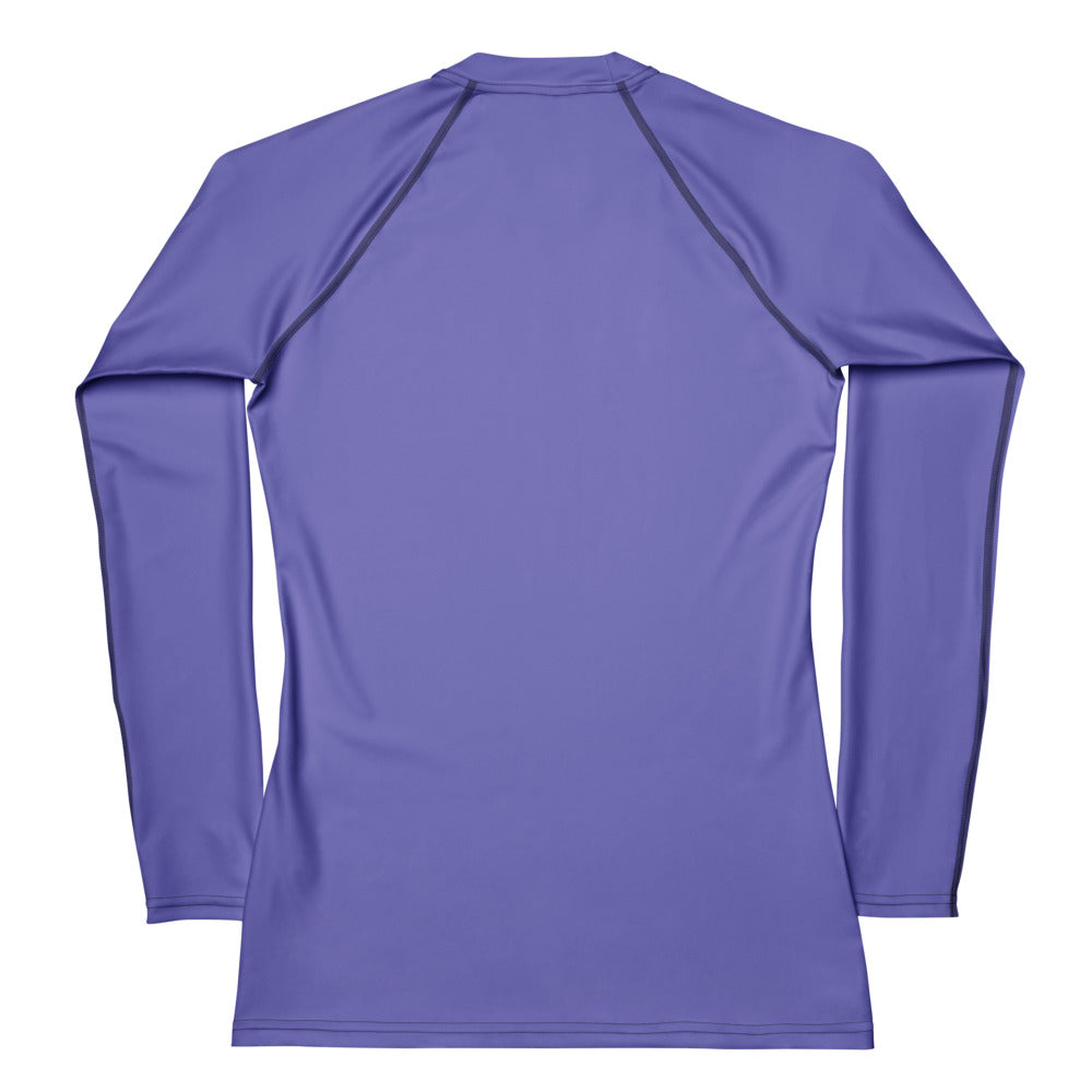 Women’s purple buttery soft long sleeve rash guard swim shirt with black seam detailing and upf 50 plus protection