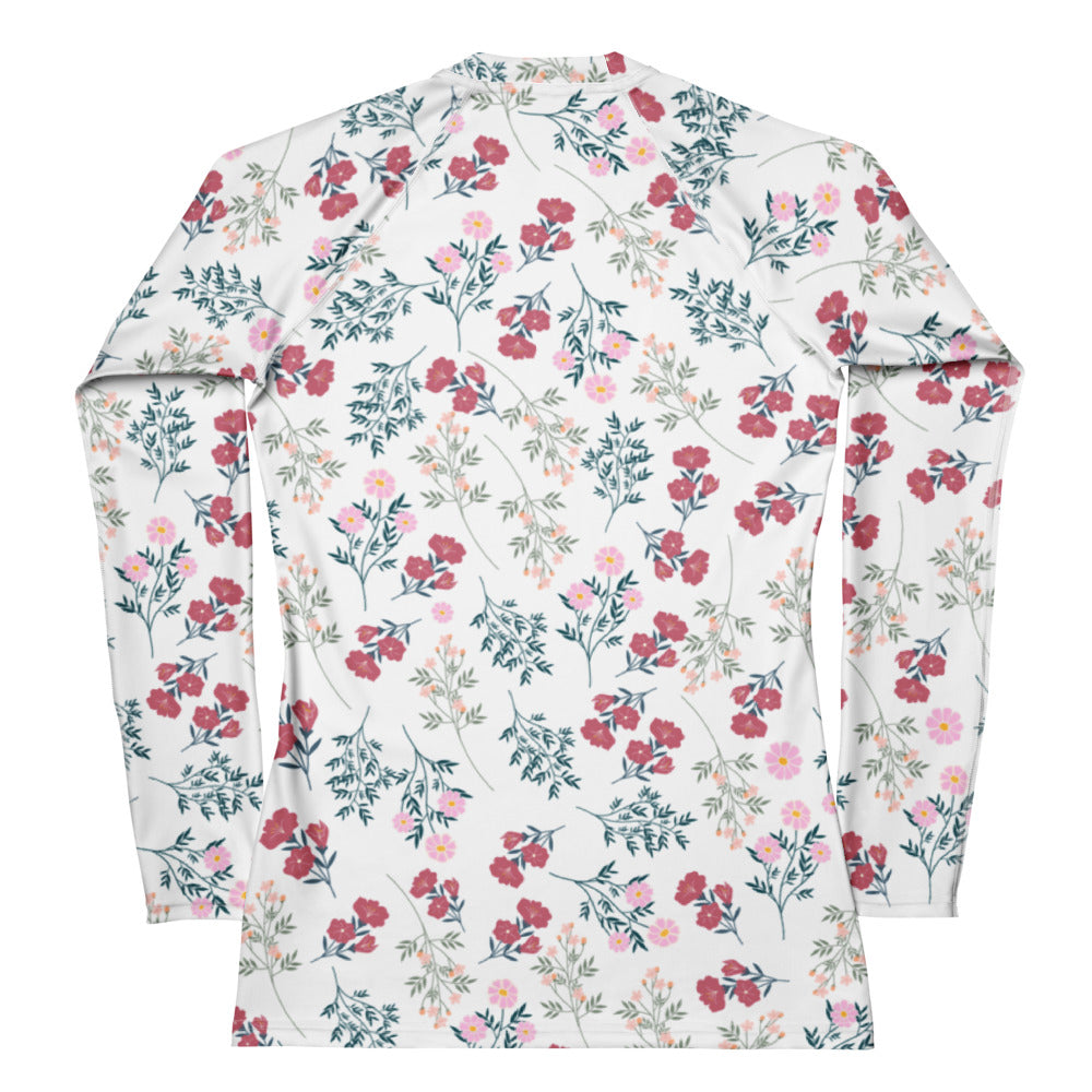 Women’s white floral long sleeve rash guard swim shirt with buttery soft fabric and UPF 50+ sun protection