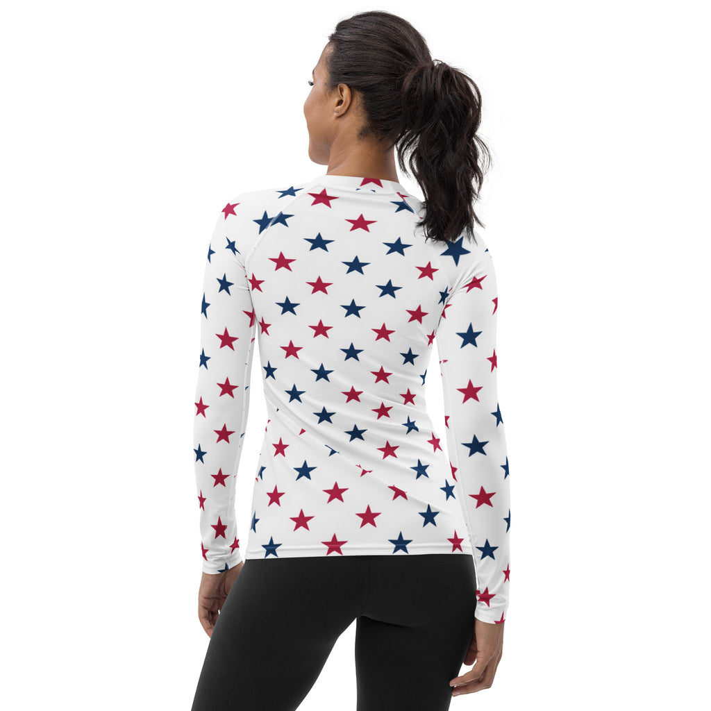 Women’s white long sleeve rash guard swim shirt with red and blue stars buttery soft fabric upf 50 plus