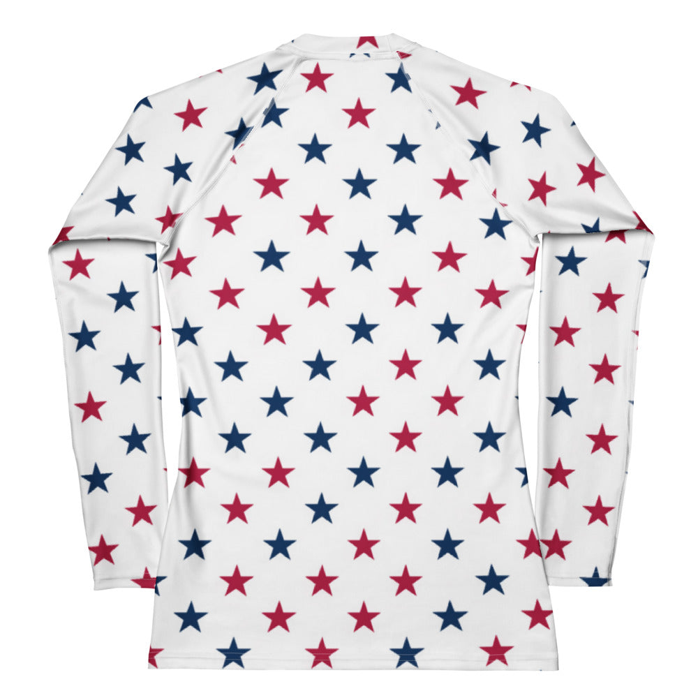 White long-sleeved rash guard swim shirt with red and blue stars buttery soft fabric and upf 50 plus protection