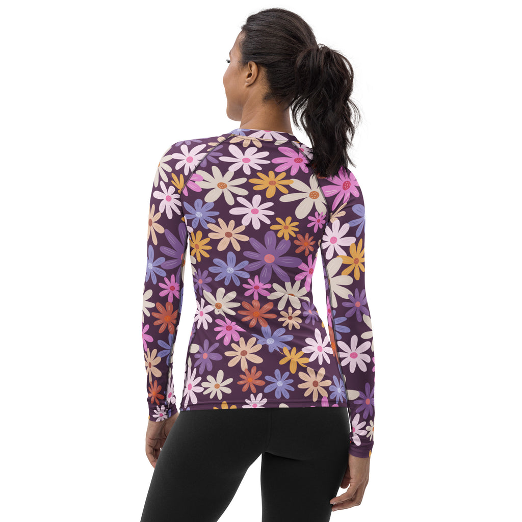 Women’s retro floral buttery soft long sleeve rash guard swim shirt with upf 50 plus featuring colorful daisies on purple