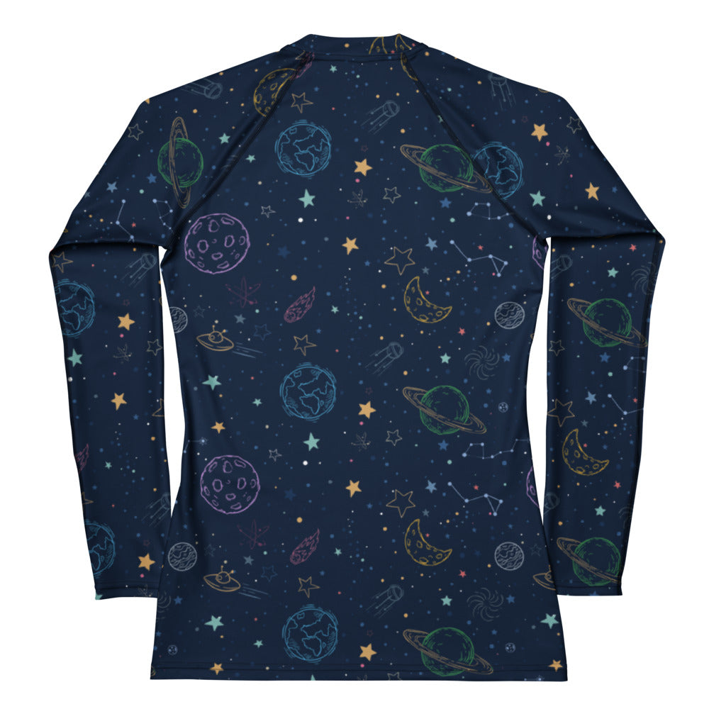 Women’s navy blue long sleeve rash guard with vibrant cosmic planets and stars design buttery soft swim shirt upf 50+