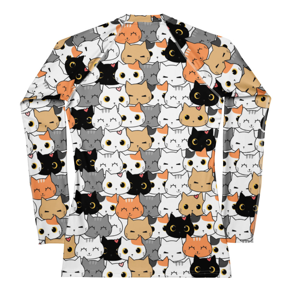 Women’s cat face buttery soft long sleeve rash guard swim shirt with upf 50 plus featuring colorful cartoon cat print
