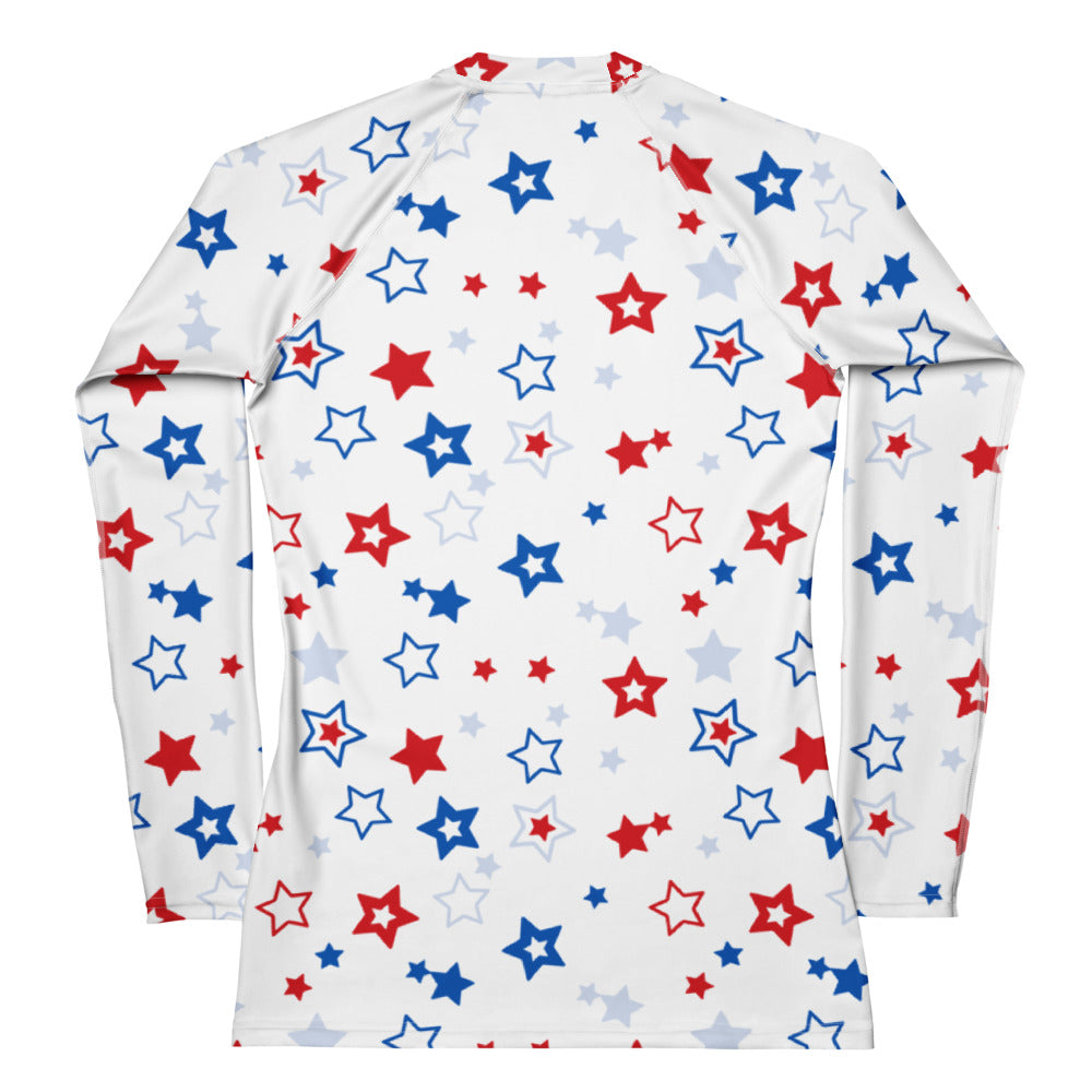 White long sleeve rash guard swim shirt with vibrant red blue and gray star pattern and upf 50 plus protection
