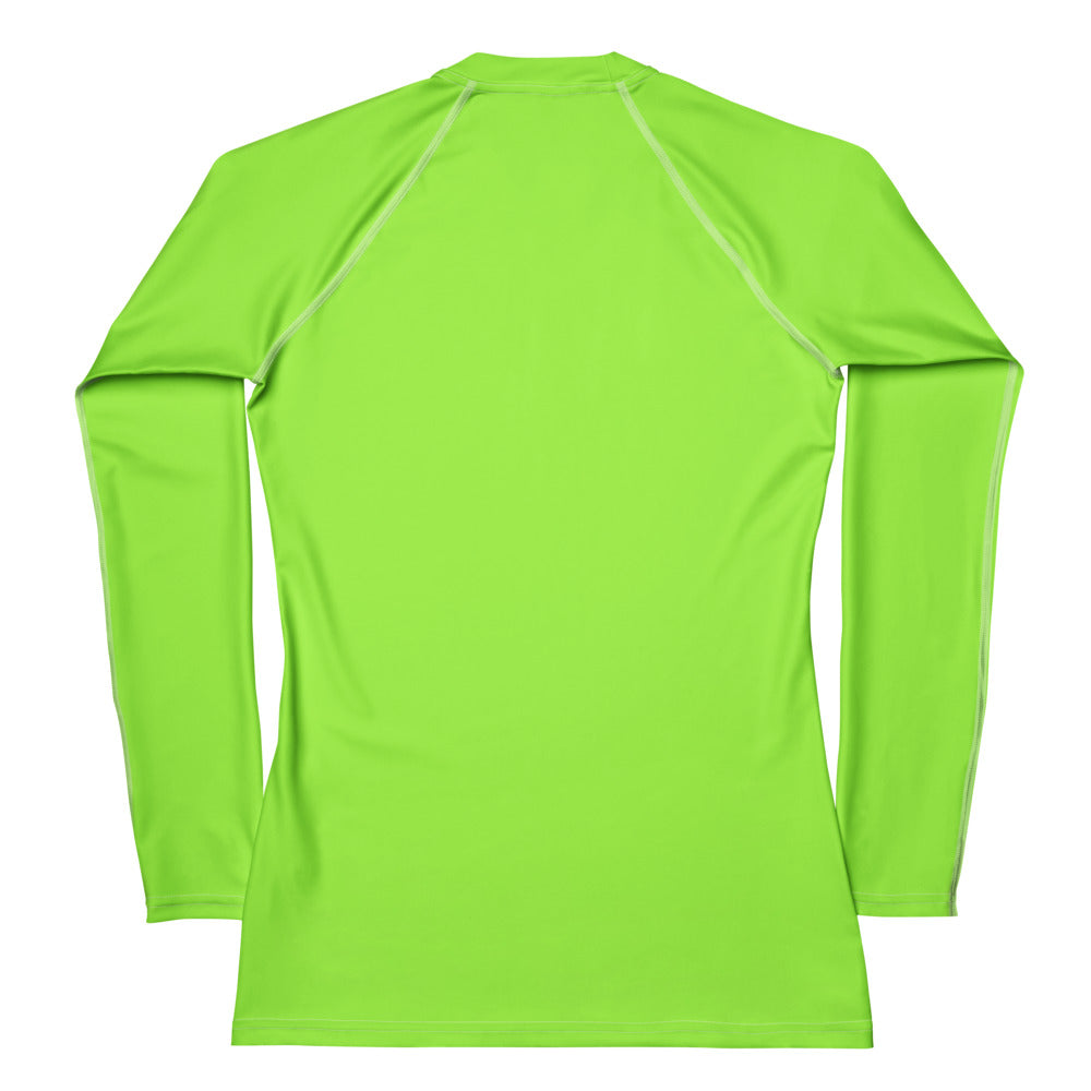 Women’s lime green buttery soft long sleeve rash guard swim shirt with upf 50 plus and light gray seam detailing