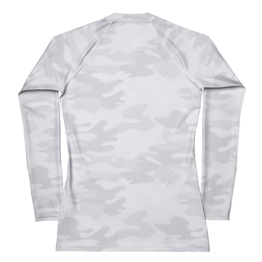 Women’s light gray camouflage long sleeve rash guard swim shirt with buttery soft fabric and upf 50 plus protection