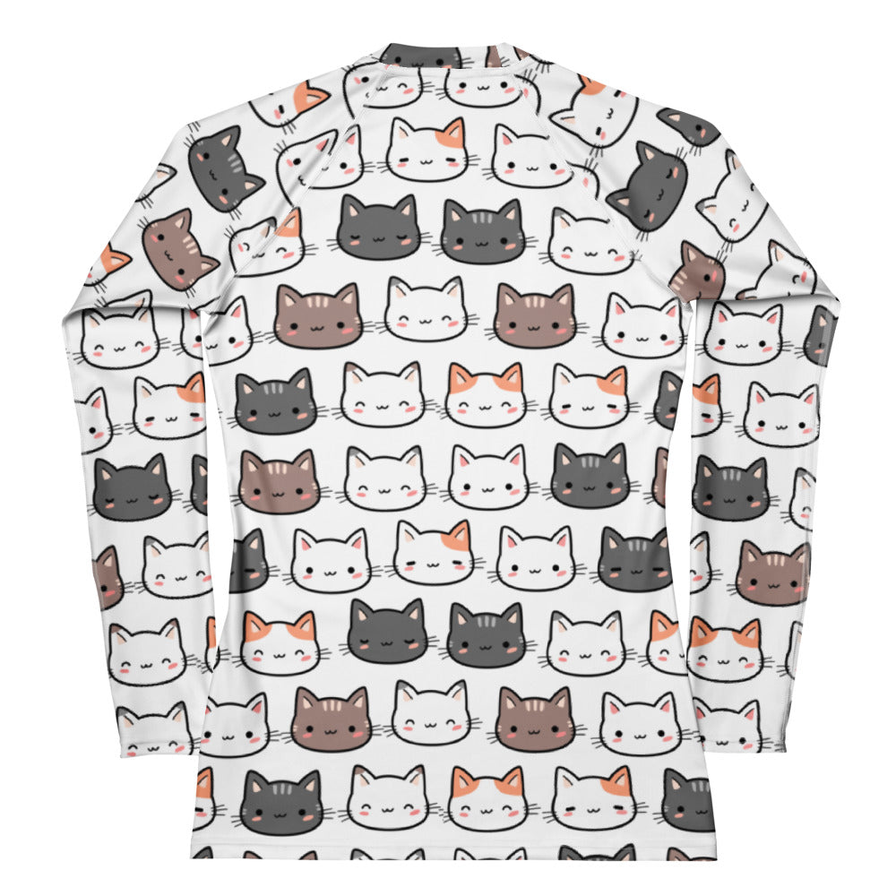 White long sleeve rash guard swim shirt with playful multicolor cartoon cats and buttery soft fabric with upf 50+ protection