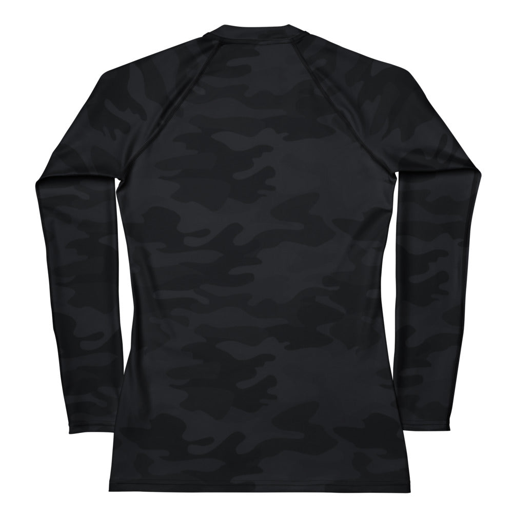 Women’s black long sleeve rash guard with subtle dark gray camouflage pattern buttery soft fabric and UPF 50+ protection