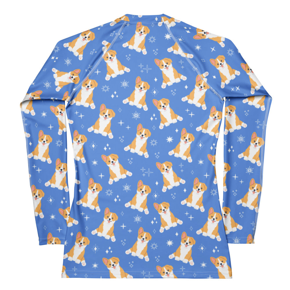 Women’s blue corgi dog buttery soft long sleeve rash guard swim shirt with upf 50+ featuring cartoon corgi pattern
