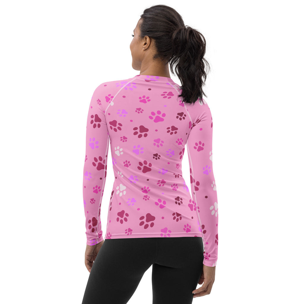 Women’s pink paw print buttery soft long sleeve rash guard swim shirt with upf 50 plus and patterned paw prints